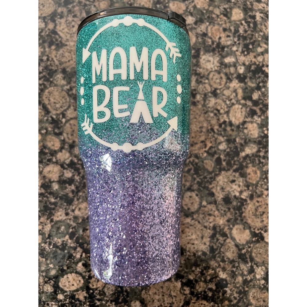 Mama Bear Glitter Tumbler Teal Purple Ombre Insulated Travel Mug with Lid